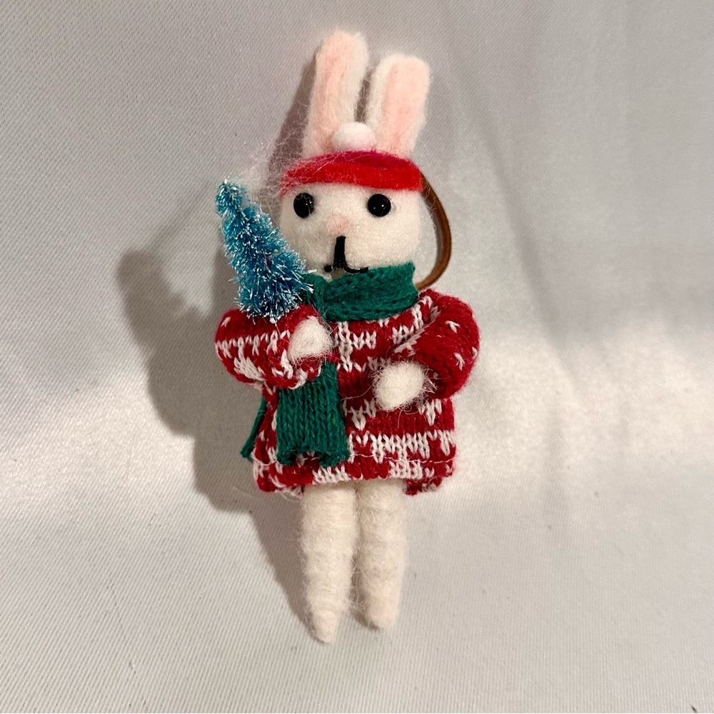 Festive Bunny Plush with Red Sweater Christmas Ornament 5.5”H
